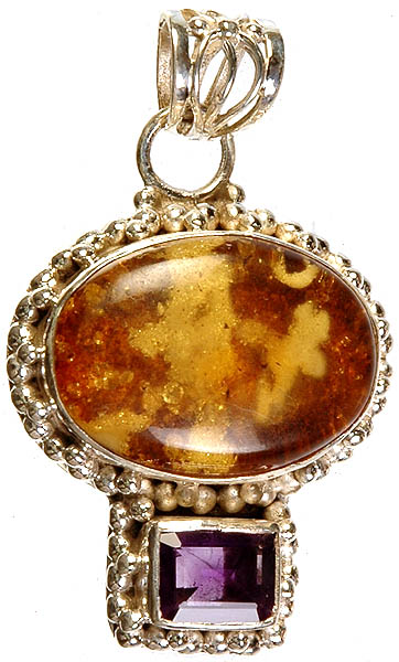 Amber Oval Pendant with Faceted Amethyst