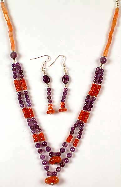 Amethyst & Carnelian Necklace & Earrings Set