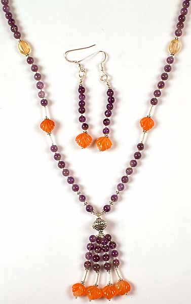 Amethyst & Carnelian Necklace with Matching Earrings