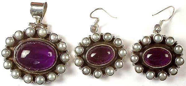 Amethyst & Pearl Pendant With Matching Earrings