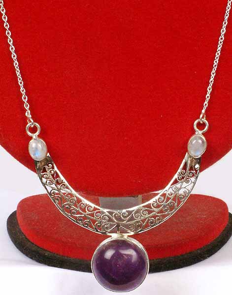 Amethyst & Rainbow Moonstone Necklace with Lattice