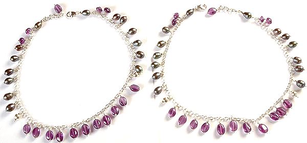 Amethyst and Black Pearl Anklets (Price Per Pair)