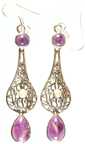 Amethyst and Pearl Earrings with Lattice