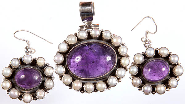 Amethyst and Pearl Pendant with Matching Earrings Set
