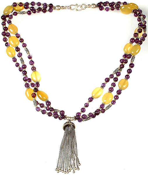 Amethyst and Yellow Chalcedony Necklace with Sterling Shower Pendant