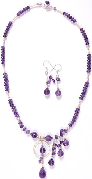 Amethyst Beaded Necklace with Charms and Earrings Set