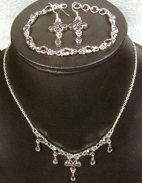 Amethyst Bracelet, Earrings and Necklace Set