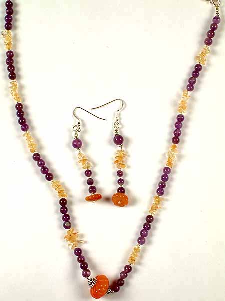 Amethyst, Citrine & Carnelian Necklace with Matching Earrings
