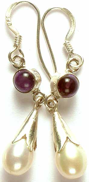 Amethyst Earrings with Pearl Dangling Drop