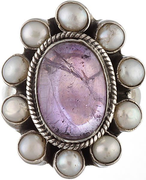 Amethyst Oval Finger Ring with Pearl