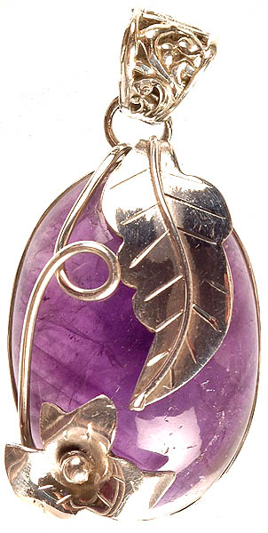Amethyst Oval Pendant with Sterling Leaf and Flower