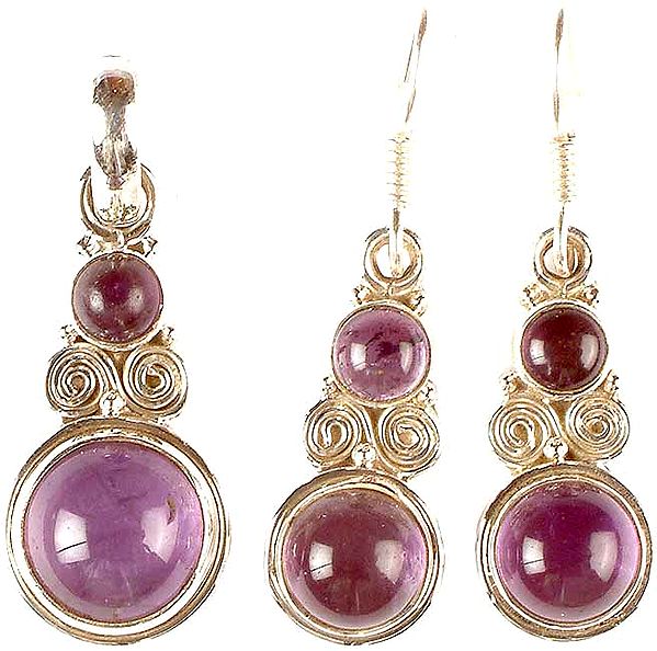 Amethyst Pendant & Earrings Set with Spirals