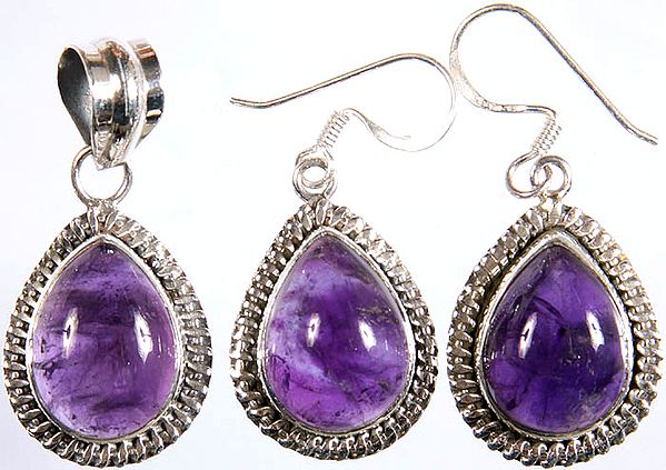 Amethyst Pendant with Matching Earrings Set | Exotic India Art