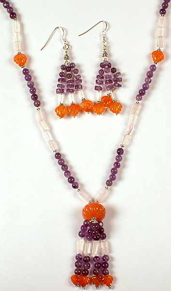 Amethyst, Rose Quartz & Carnelian Necklace with Matching Earrings