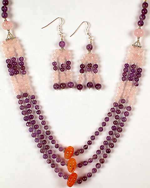 Amethyst, Rose Quartz & Carnelian Necklace with Matching Earrings