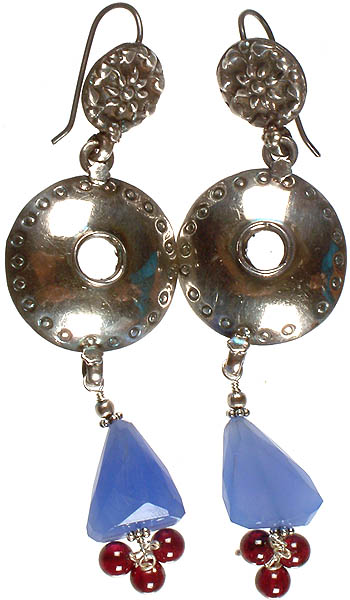 Antiquated Blue Chalcedony Tumble Earrings with Garnet Balls