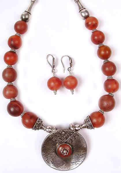 Antiquated Carnelian Necklace and Earrings Set