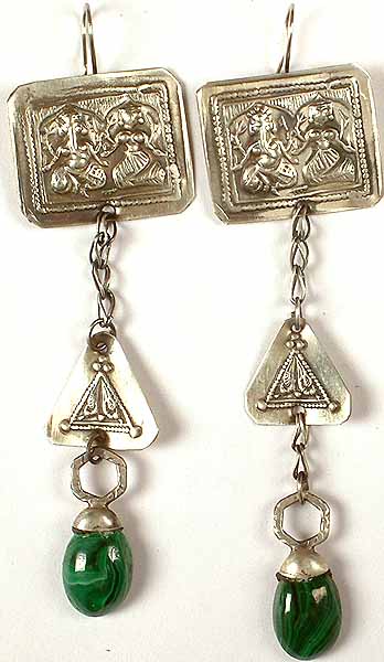 Antiquated Laxmi Ganapati Earrings with Malachite Dangle