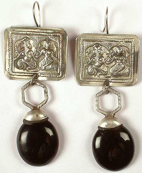 Antiquated Laxmi Ganapati Folk Earrings with Black Onyx Dangle