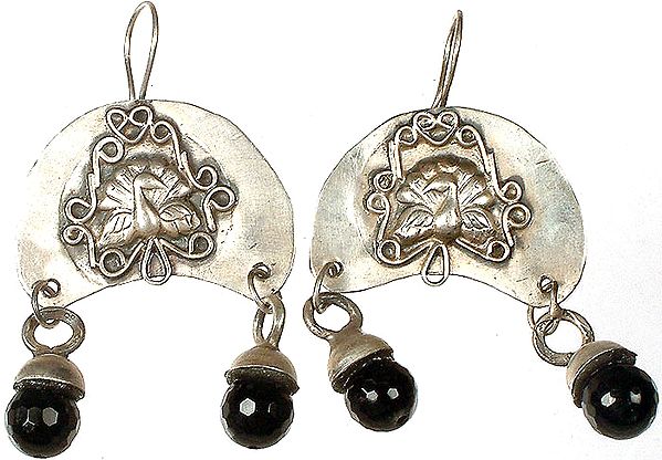 Antiquated Peacock Earrings with Dangling Faceted Black Onyx