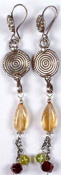 Antiquated Spiral Earrings With Citrine, Peridot And Faceted Garnet