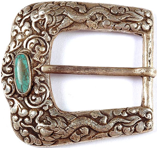 Antiquated Turquoise Belt Buckle with Twin Dragons