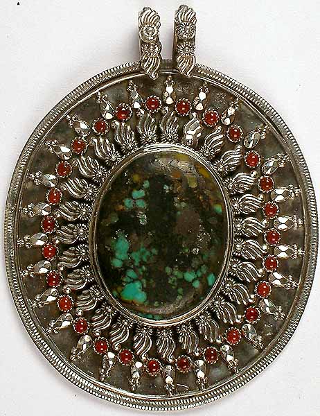 Antiquated Turquoise Large Pendant With Carnelian