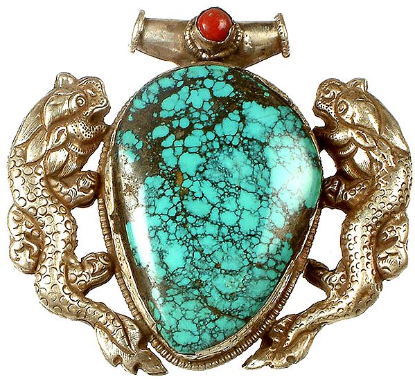 Antiquated Turquoise Pendant with Dragons