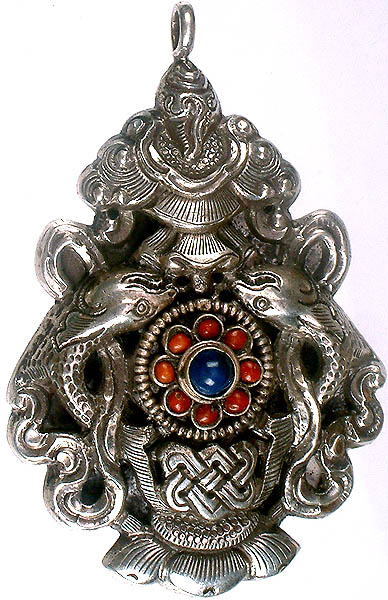 Ashtamangala Pendant with Coral and Lapis Lazuli