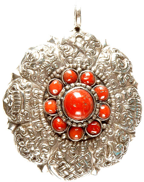 Ashtamangala Pendant with Coral Dharma Chakra