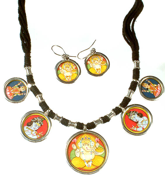 Auspicious Ganesha Lakshmi Necklace and Earrings Set with Krishna