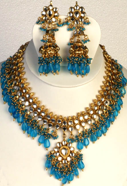 Azure Bridal Kundan Necklace Set with Chandelier Earrings