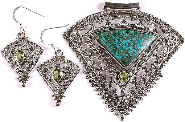 Azure Malachite & Peridot Pendant & Earrings Set