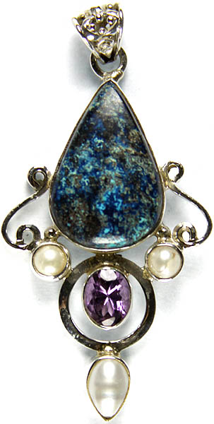 Azure Malachite Teardrop Pendant with Triple Pearl and Faceted Amethyst