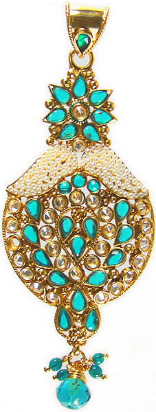 Azure Polki Crown Pendant with Cut Glass and Faux Pearls