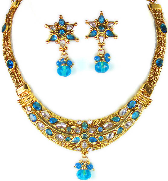 Azure Polki Necklace and Earrings Set with Cut Glass
