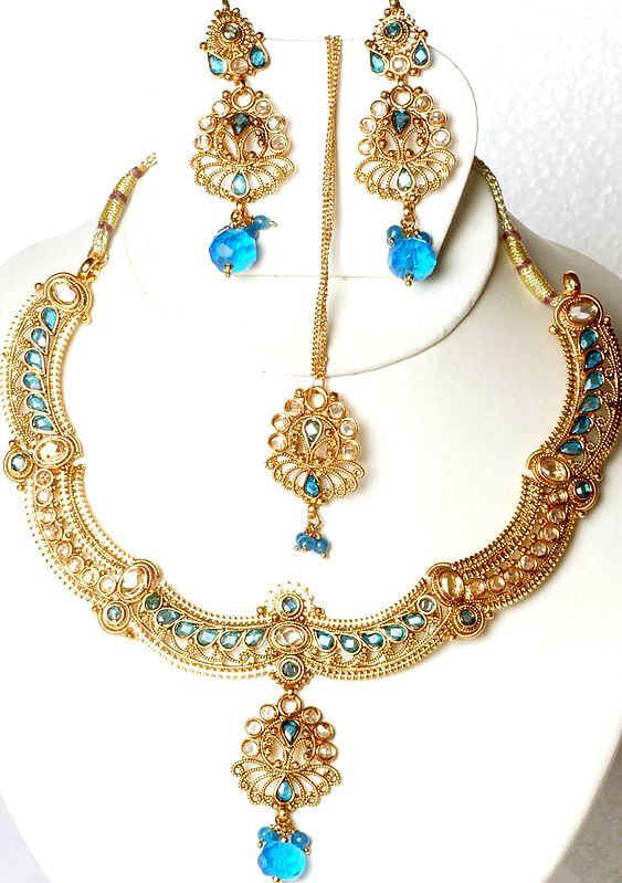 Azure Polki Necklace, Earrings and Tika Set with Cut Glass