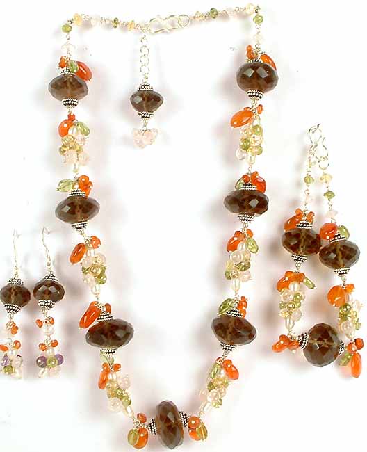 Beaded Gemstone Necklace, Earrings and Bracelet Set