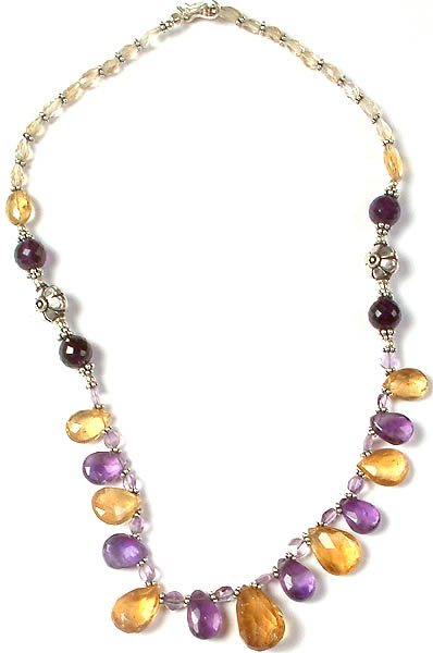 Beaded Necklace of Amethyst, Citrine and Black Onyx