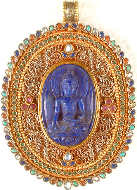 Bhumisparsha Buddha Carved in Lapis Lazuli with Nepalese filigree work and Gemstones