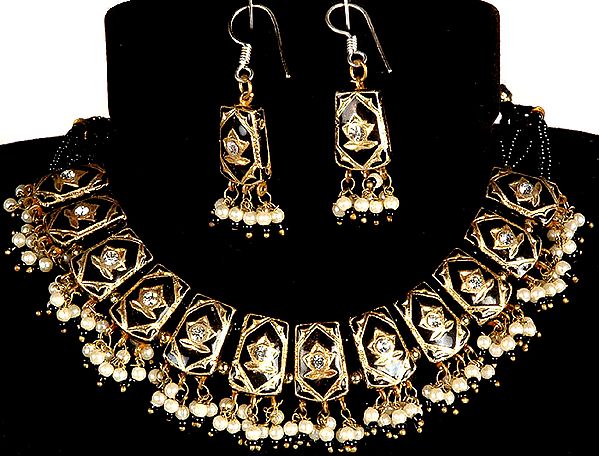 Black and Golden Beaded Necklace and Earrings