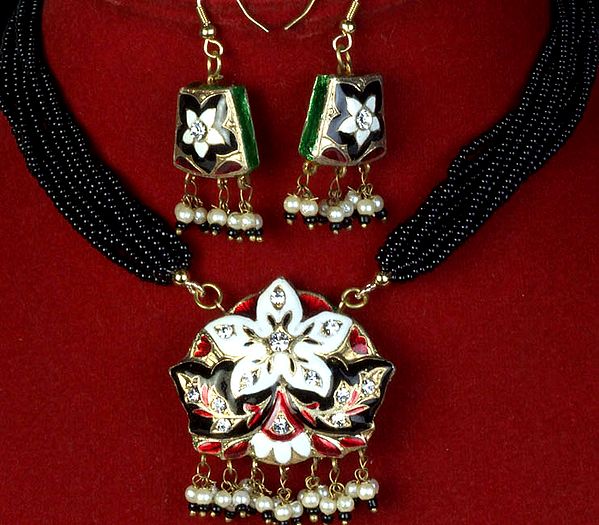Black and Ivory Star-Spangled Necklace and Earrings with Peacock on Reverse