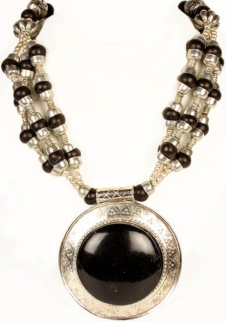 Black Beaded Necklace with Large Pendant