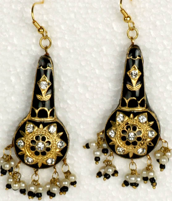 Black Flask Earrings with Green and Golden Accents