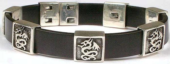 Black Leather Bracelet with Sterling Dragons