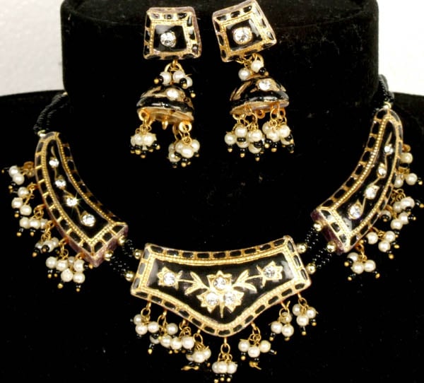 Black Meenakari Necklace and Earrings Set with Cut Glass