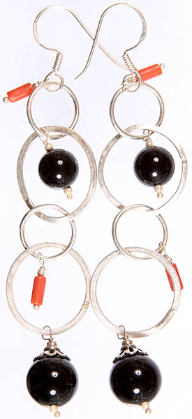 Black Onyx and Coral Earrings
