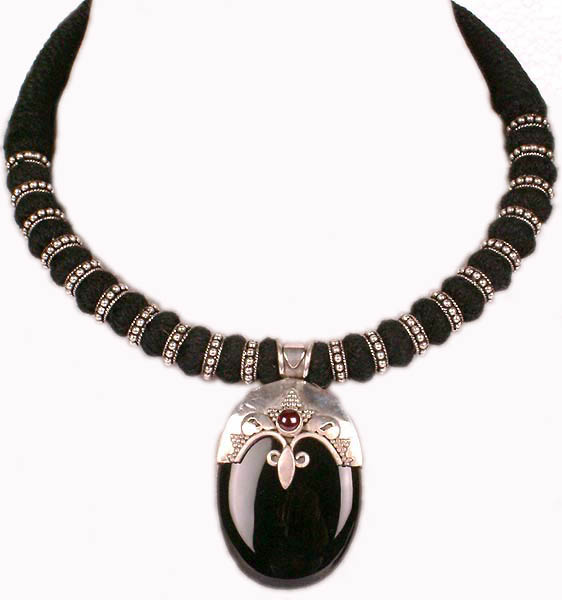 Black Onyx Antiquated Necklace with Garnet and Black Cord