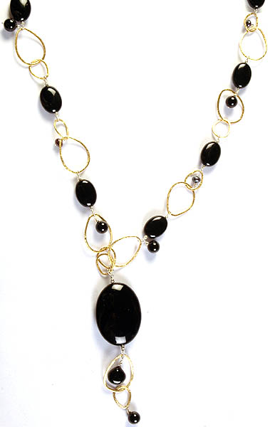 Black Onyx Beaded Necklace with Black Pearl