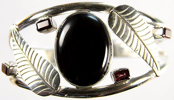 Black Onyx Cuff Bangle with Faceted Garnet and Sterling Leaves